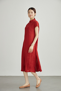 红色改良旗袍送考妈妈中年夏季新款提花新中式连衣裙短袖敬酒礼服