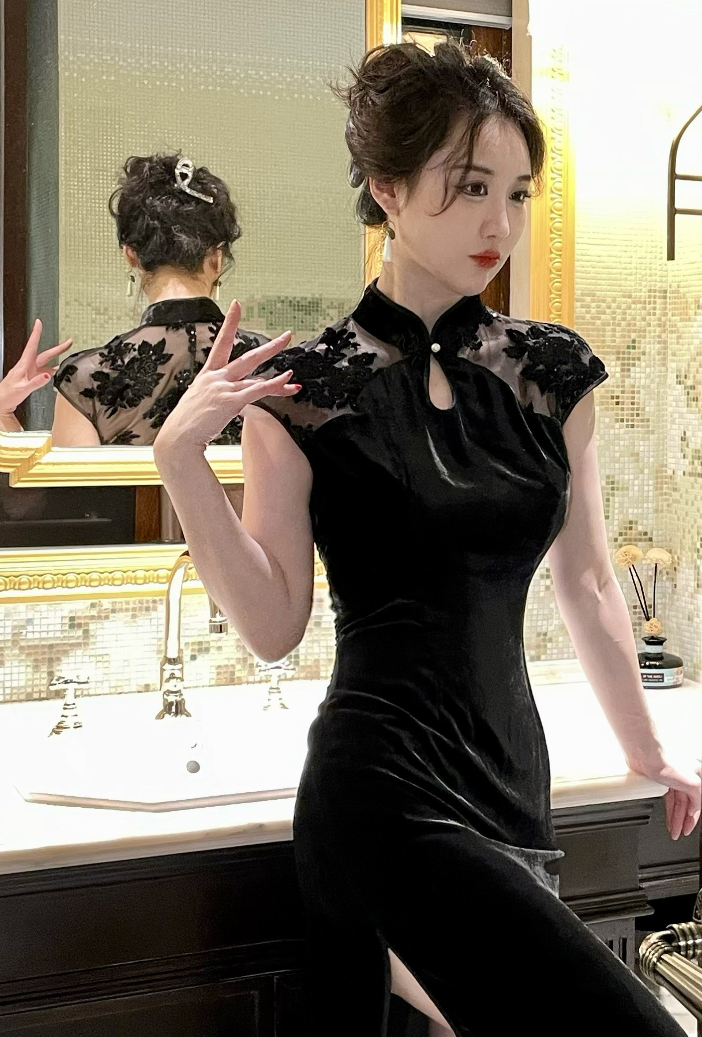 rosefang【雅集】中式复古36姆米真丝丝绒拼接刺绣镂空露背旗袍