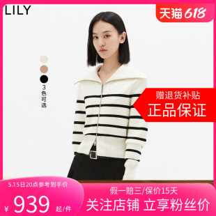 【商场同款】LILY2024春新款女装美丽诺羊毛复古条纹通勤针织开衫