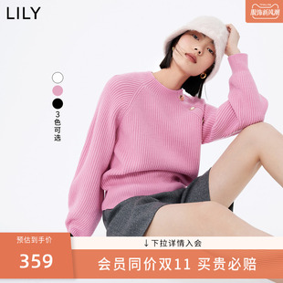 LILY2024春新款女装气质通勤温柔时尚纯色灯笼袖毛针织衫上衣内搭