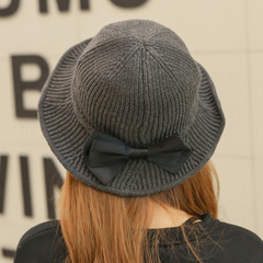 韩国女士蝴蝶结毛线帽子冬季文艺百搭针织盆帽渔夫帽带铁丝造型