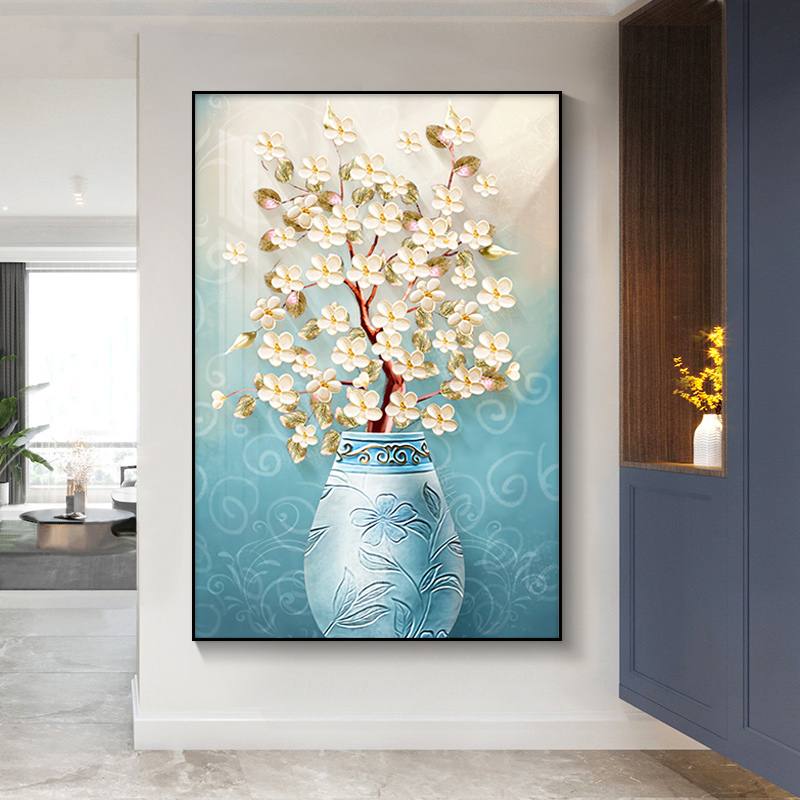 蓝色花瓶入户门玄关装饰画花开富贵挂画现代简约餐厅2022新款壁画