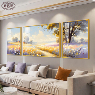 大芬村油画手绘客厅装饰画轻奢高级感沙发背景墙挂画风景三联壁画