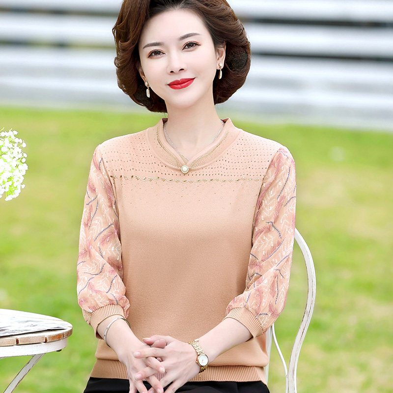 中老年女春装时尚针织衫50岁洋气妈妈春夏装打底小衫雪纺大码t恤
