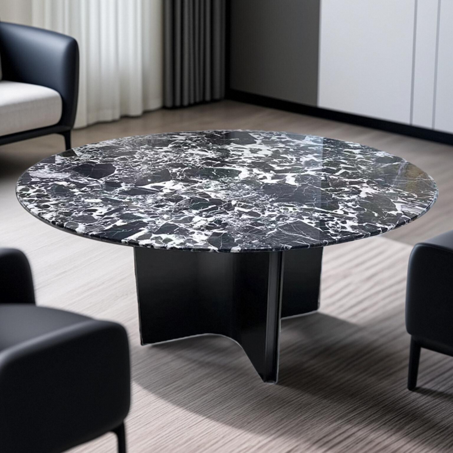 意式极简宝格丽黑微晶石圆餐桌家用轻奢现代简约天然大理石餐桌