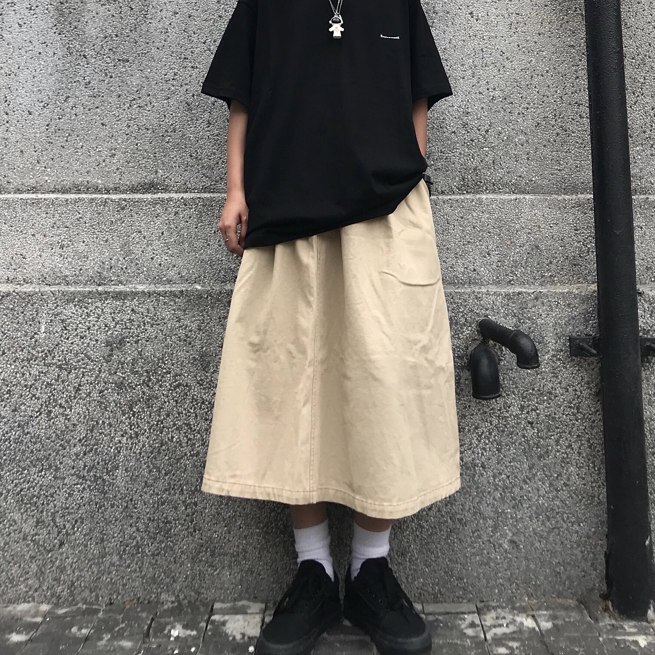 rush施工 日系复古纯色明线半身裙中长款休闲慵懒工装裙显瘦