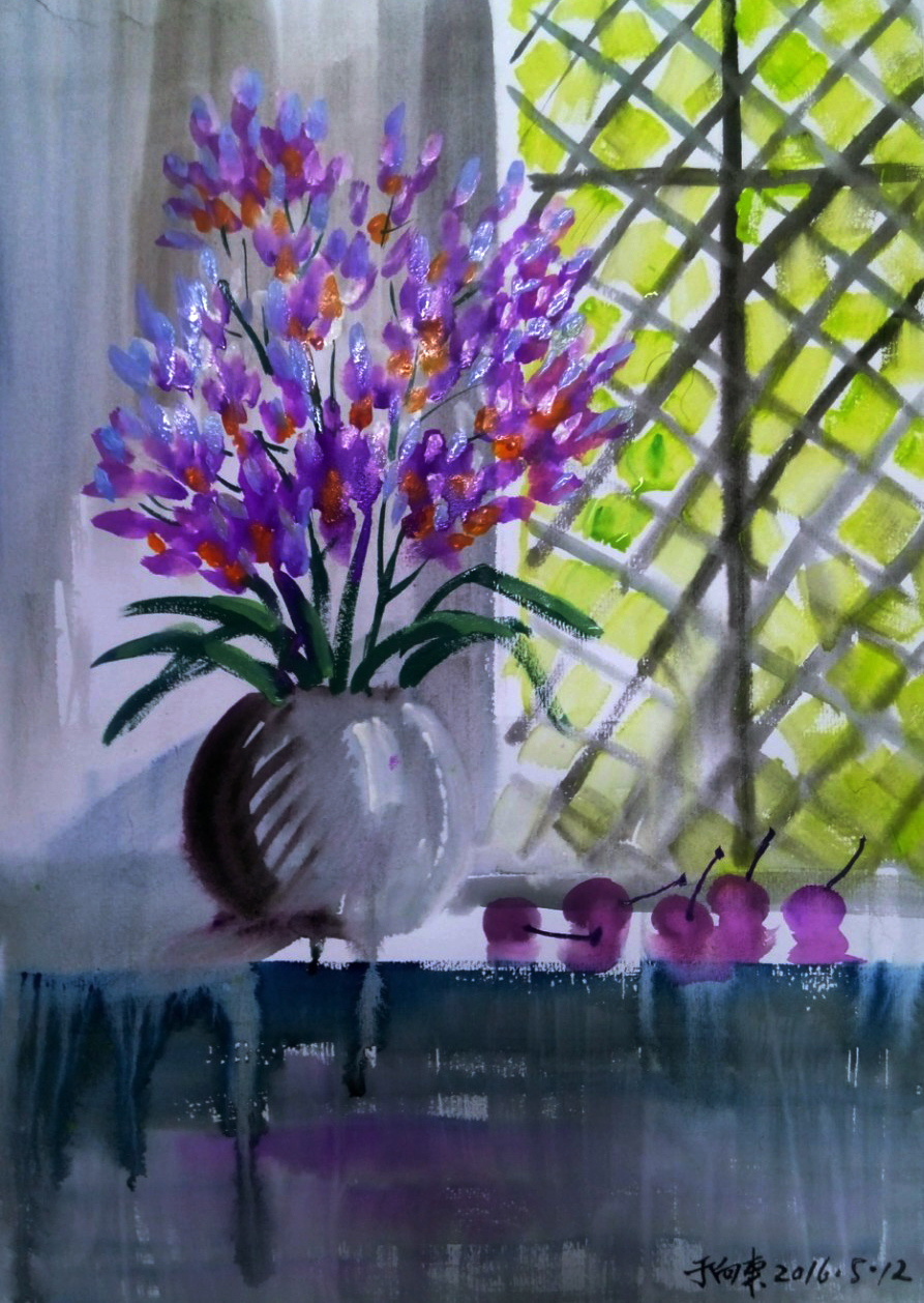 于向东 水粉画 《小轩窗》