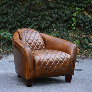 重油蜡美式真皮沙发头层牛皮单人椅裂纹设计师款式雪茄房轻奢组合