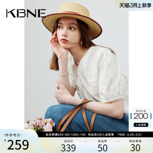 KBNE衬衫女V领蕾丝拼接独特别致白色上衣2024夏季新款短袖衬衣