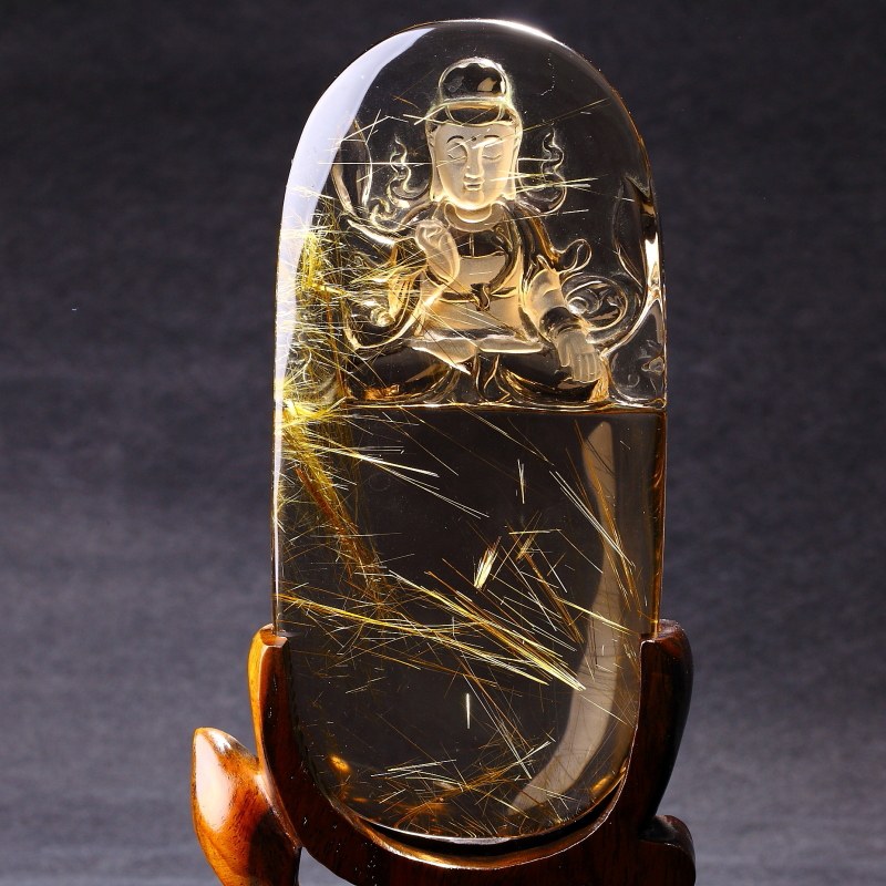 极品收藏天然金发晶精工雕刻自在观音摆件招财镇宅保平安珠宝摆件