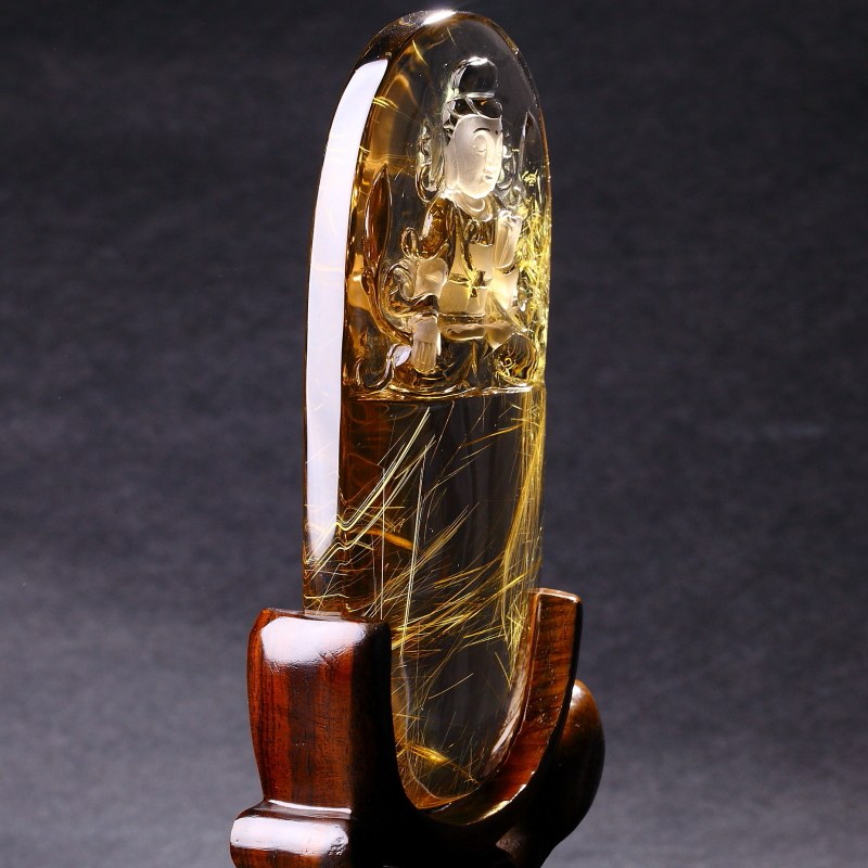 极品收藏天然金发晶精工雕刻自在观音摆件招财镇宅保平安珠宝摆件