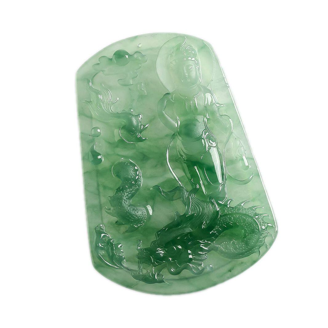 老坑翡翠冰种满色精雕乘龙观音吊坠 33.22g