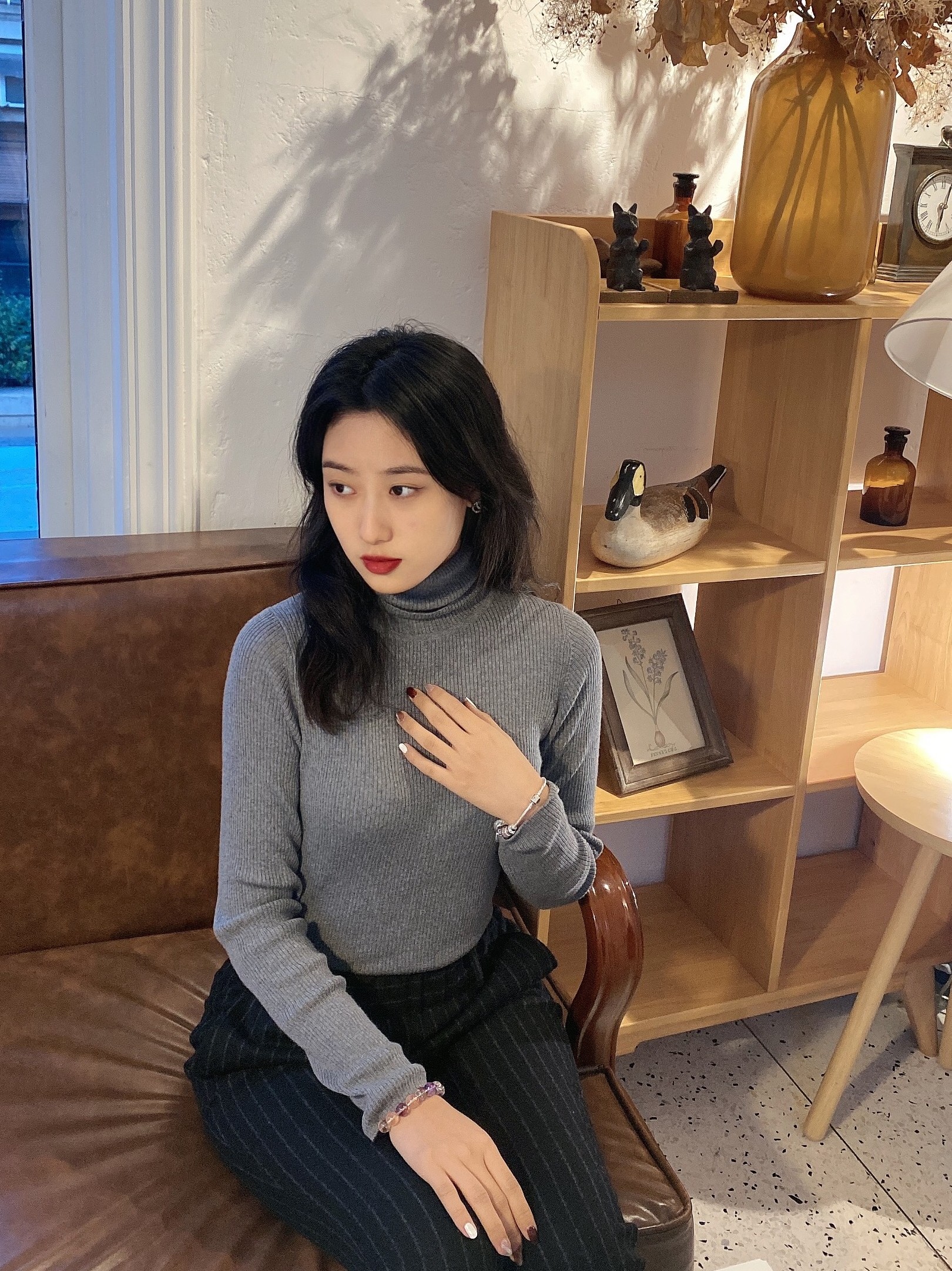 sense神思2020秋冬miyo鲍美瑶同款灰色高领修身毛针织衫