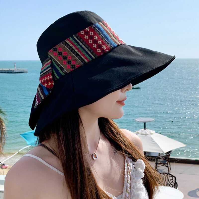 遮阳帽子女士复古民族风防晒沙滩帽夏天户外布帽蝴蝶结折叠太阳帽