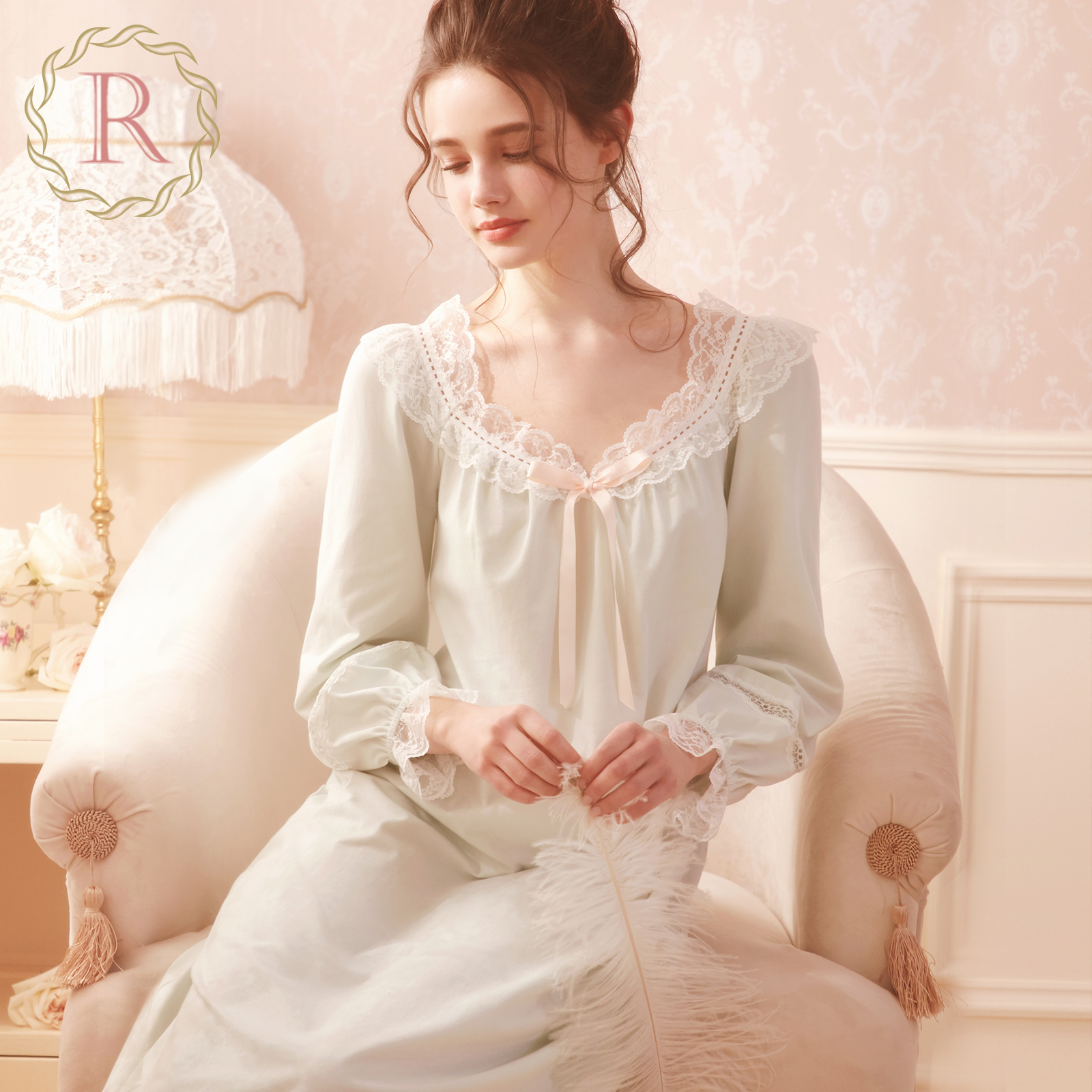 rosetree宫廷风睡裙女春秋纯棉长袖长款蕾丝甜美性感复古公主睡衣