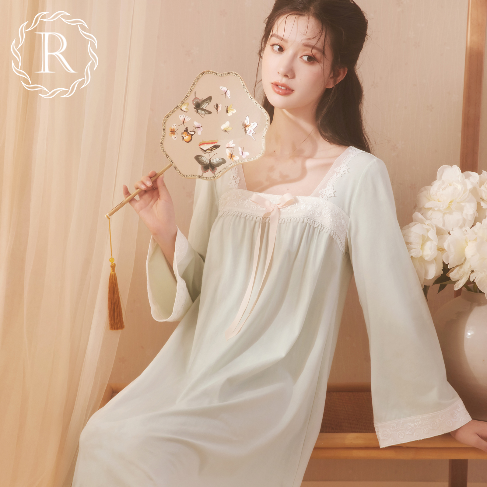 rosetree古风睡裙女春秋季长袖纯棉甜美公主风国风汉服睡衣长款