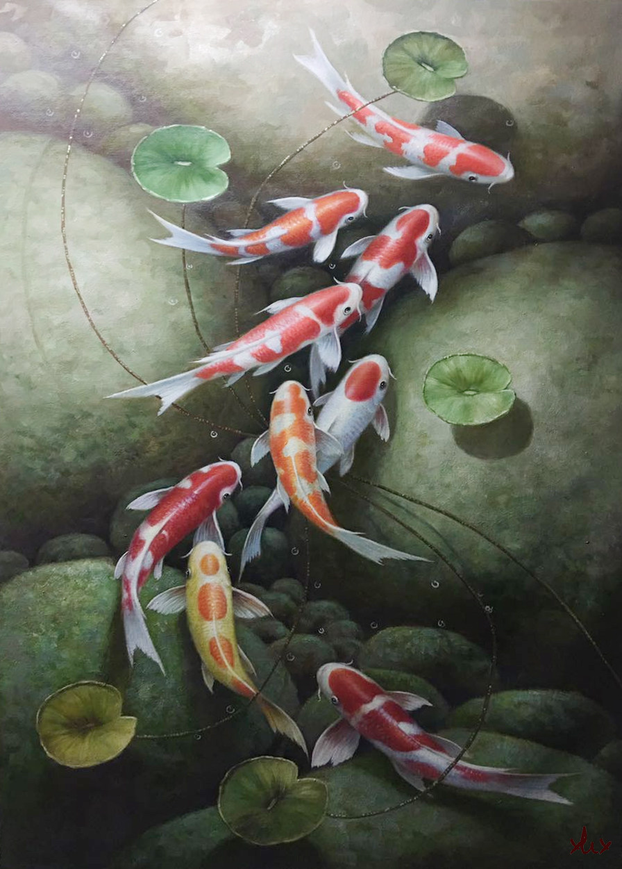 谢辉雄《九鱼图》布面油画60*90cm