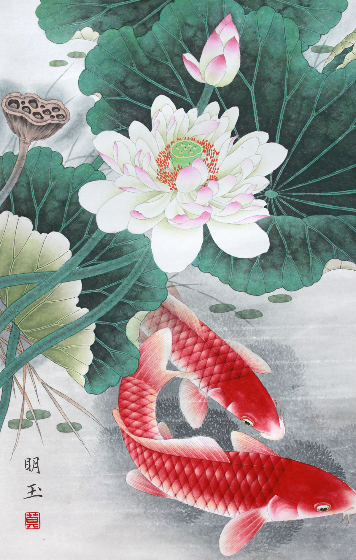 莫明玉《鱼随落花香》工笔花鸟