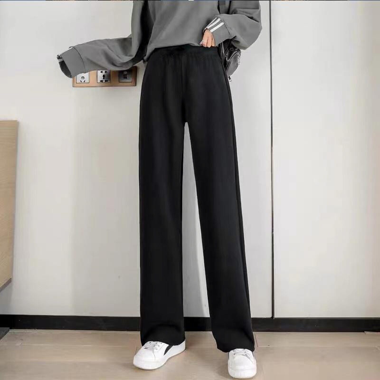 女生服装_黑色直筒阔腿九分裤女春夏新款宽松高腰显瘦垂感百搭女生