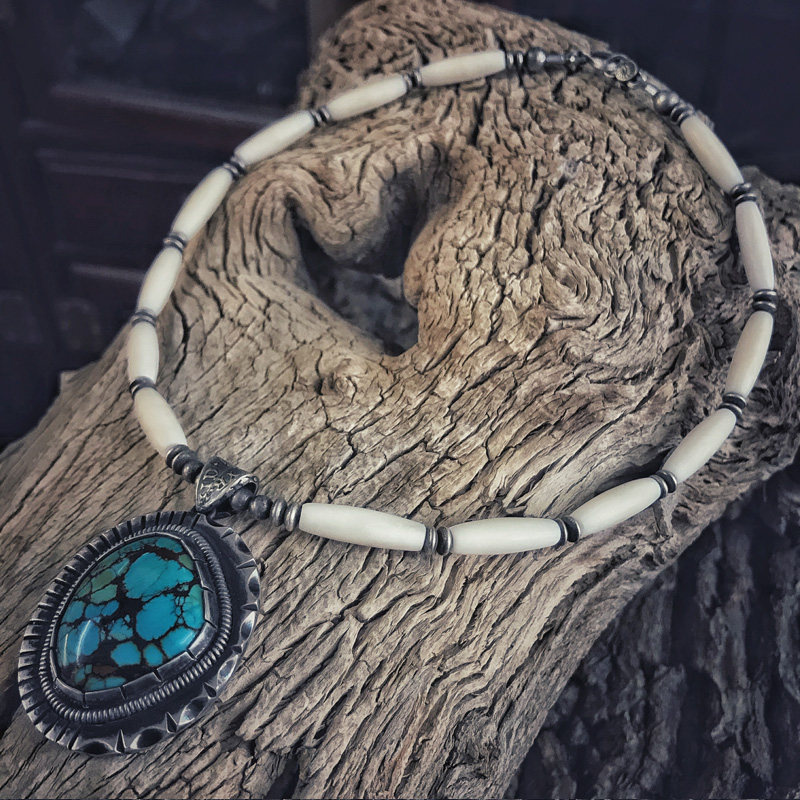 mezen手工印第安纳瓦霍古法纯银镶嵌唐三彩绿松石复古男项链吊坠