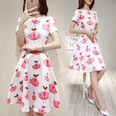 2016夏装新款韩版女装 时尚印花修身短袖中长款连衣裙女潮