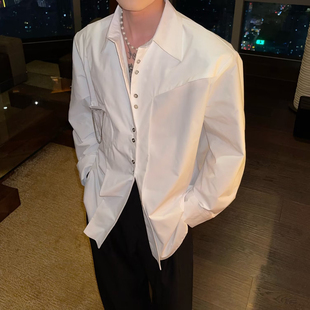 网红很仙的白衬衫男小众设计感宽松长袖上衣个性链条衬衣薄款外套