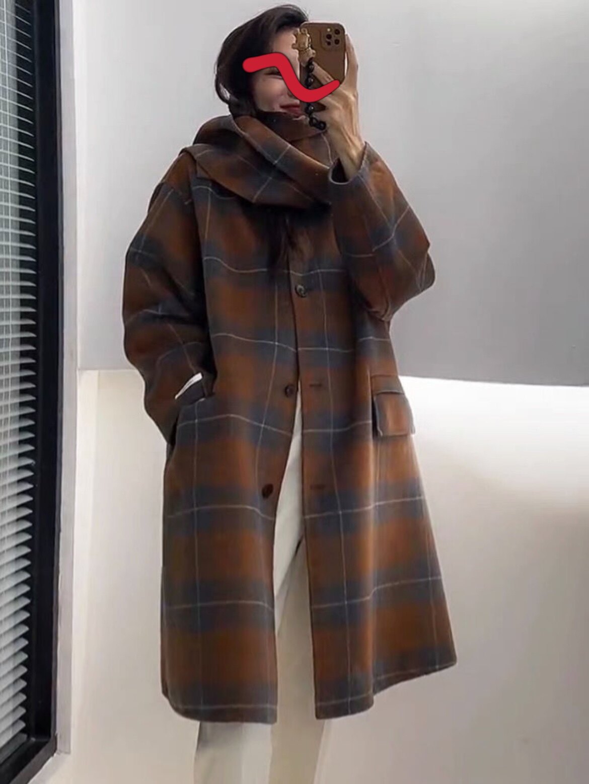 欧洲站2021年新款格子双面羊绒大衣女中长款宽松围脖连帽羊毛外套