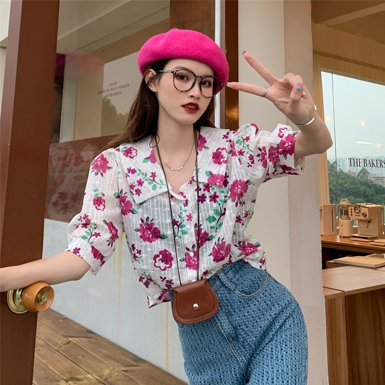 价复古花衬衫女休闲翻领泡泡袖时尚衬衣