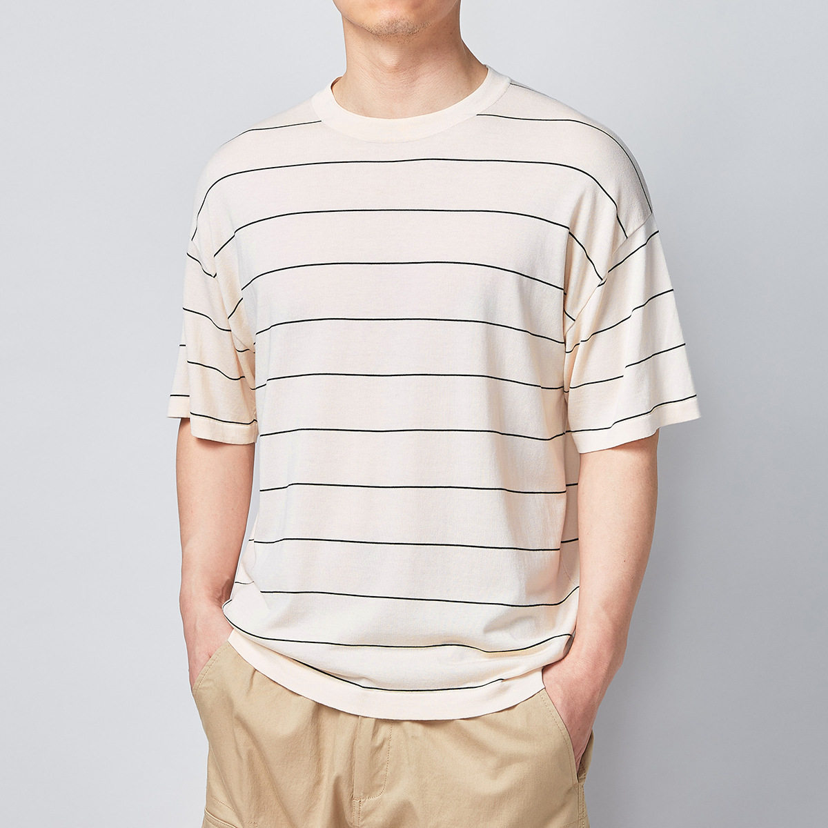 条纹撞色针织短袖t恤男2021夏季薄款男士圆领桑蚕丝半袖体恤衫潮