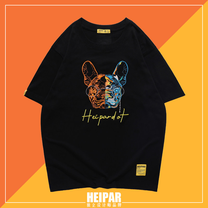 heipar嘿帕 短袖t恤男情侣装21夏潮牌嘻哈狗头刺绣五分袖宽松半袖