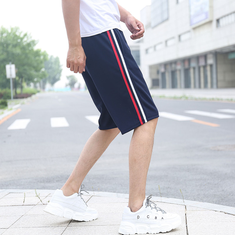 学生校服短裤夏季薄款白红条五分裤初中生大裤头男生宽松校服裤子