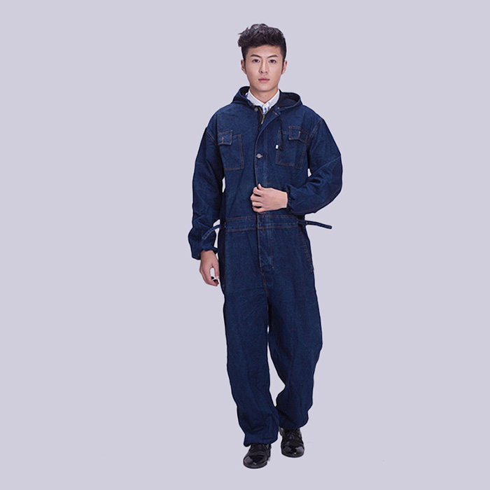 牛仔连体工作服带帽男汽修服电焊服焊工服连体工装工服夏季透气_不