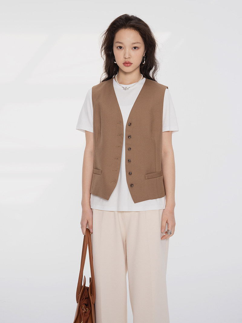 freshmoi2021春季 意大利羊毛面料西装伴侣简约v领短款黑色马甲女