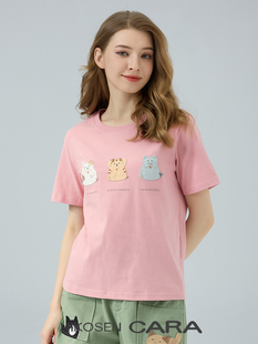 HIKOSEN CARA卡拉猫三只小猫短袖圆领T恤百搭粉色加长宽松女上衣