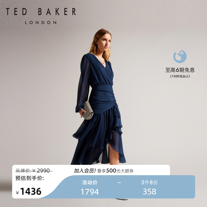 TED BAKER秋冬抽褶显瘦长裙不规则裙摆连衣裙女266146