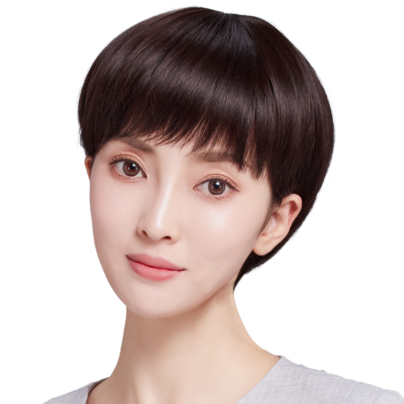 假发女短发真发全头套自然仿真bobo波波头妈妈发型齐斜刘海长圆脸券后