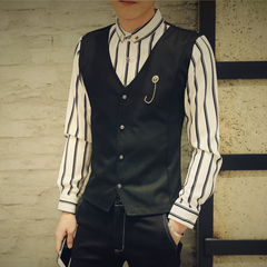 秋男士条纹长袖衬衫马甲套装假两件发型师酒吧韩版修身工作服衬衣