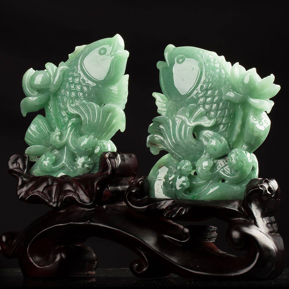 [实物已检] 天然a货 老坑水润荷花鱼翡翠摆件一对 0.97千克