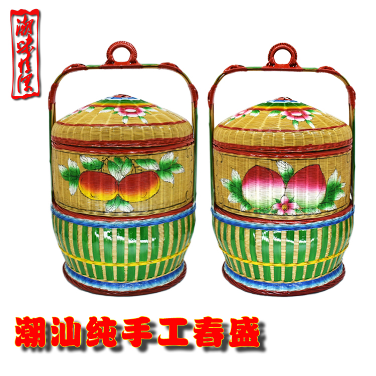 潮汕纯手工手绘二层春盛竹篮竹编篮子送餐篮茶具收纳篮大榭城脚