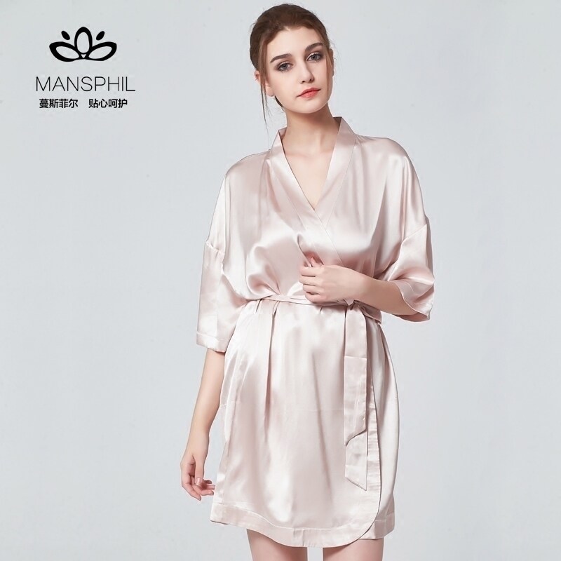 蔓斯菲尔桑蚕丝浴袍舒适宽松睡衣 丝绸短袖家居服真丝睡袍女秋