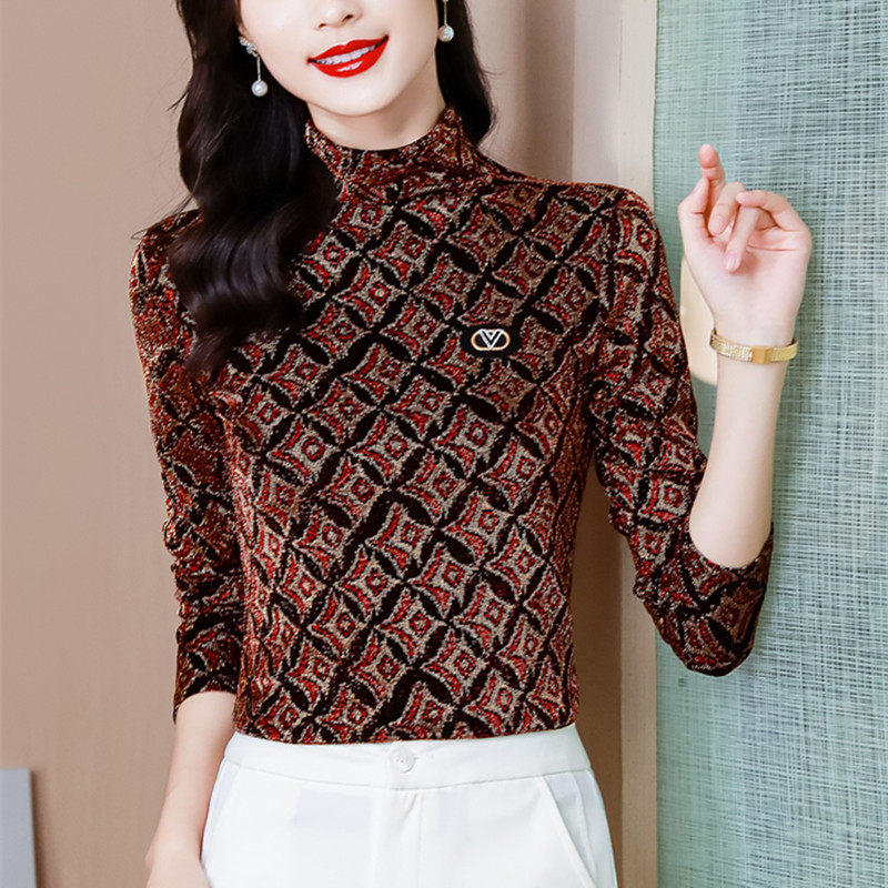 专柜正品哥弟新款网纱加绒长袖打底衫秋2021年冬小衫女装大码上衣