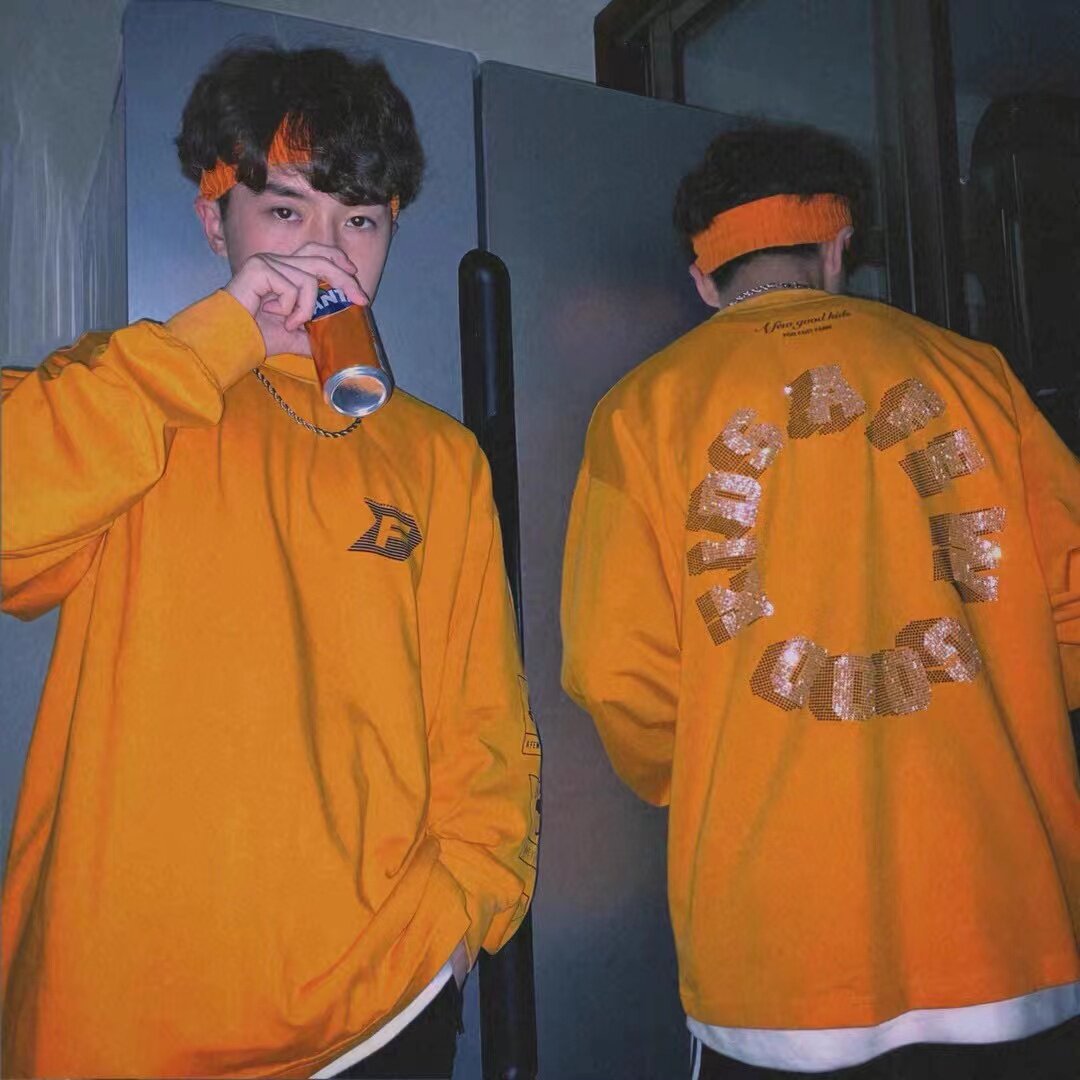 fff马思唯联名afgk烫钻橙色嘻哈街头风帅气套头卫衣圆领印花长袖