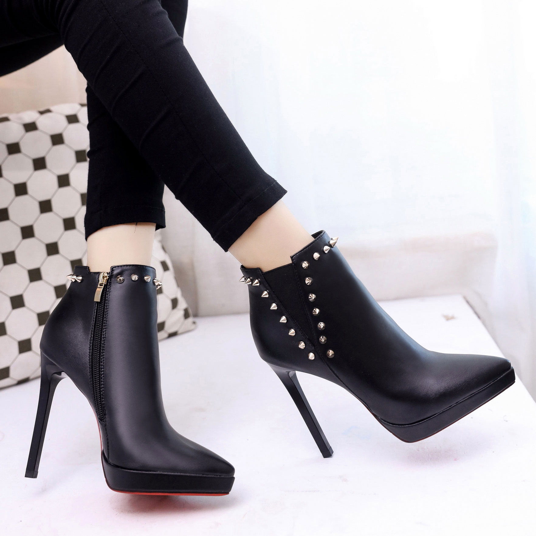 细跟短靴女秋冬季2017新款 尖头_高跟鞋女细跟尖头2017秋冬季新款加绒