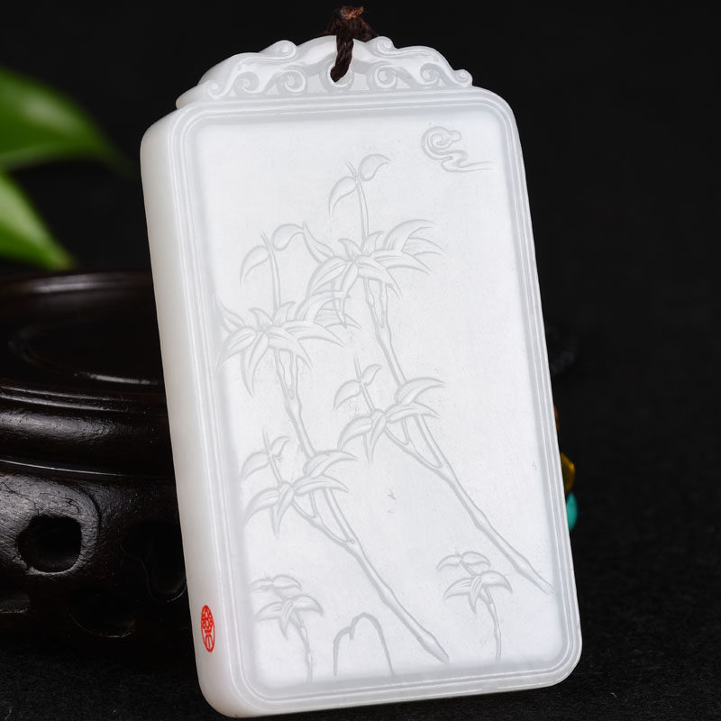 省级玉雕大师崔照乐作品 和田玉白玉 四君子之竹挂件 53.38g