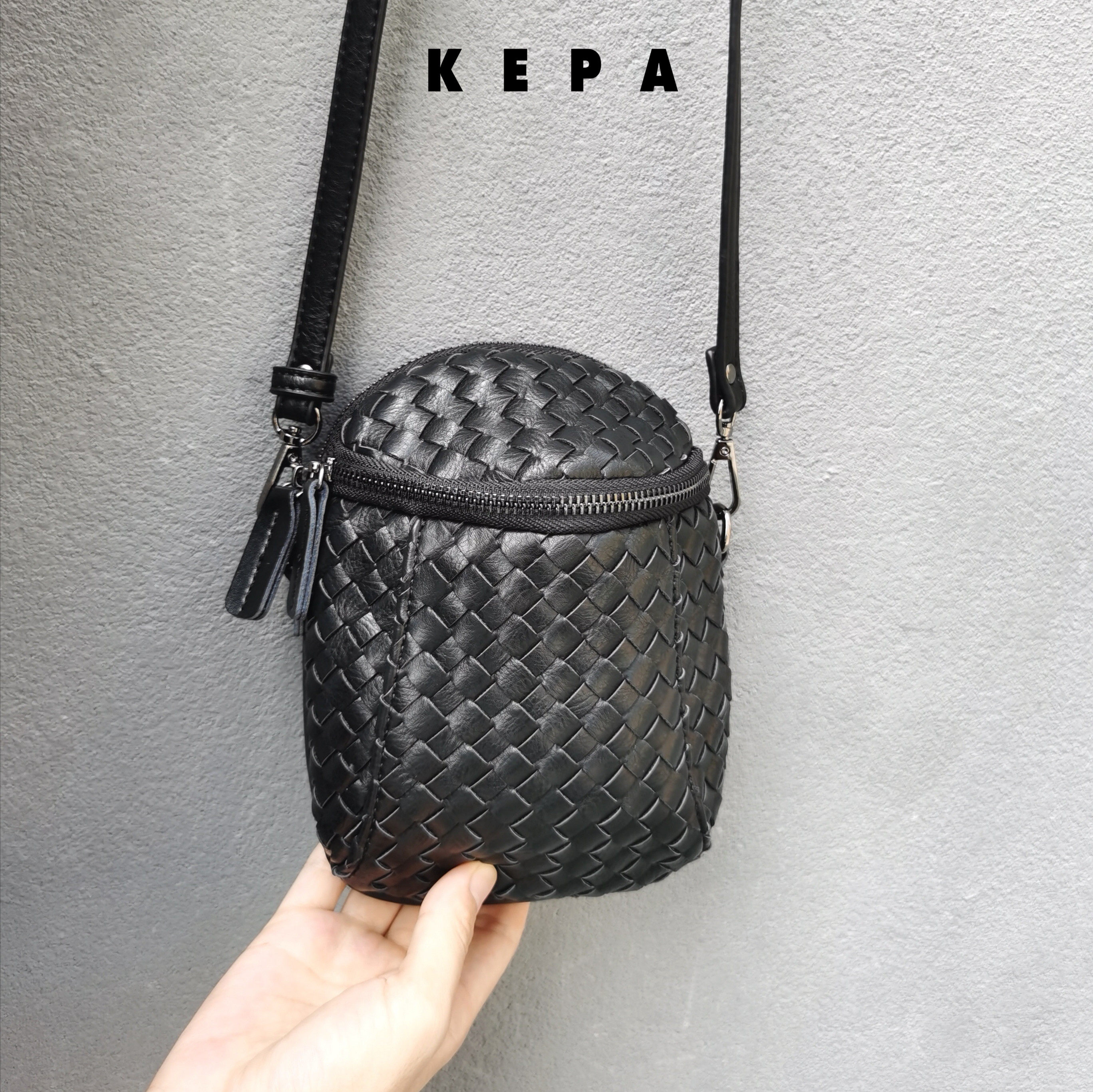 手机小包包新款bv风手工编织牛真皮双拉链单肩斜挎包复古男女包潮