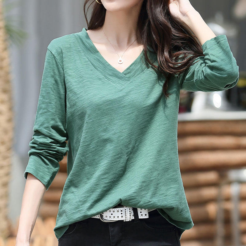 长袖t恤女2020春季v领宽松休闲小衫纯棉女士白色打底衫上衣秋衣