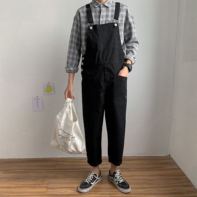 夏季宽松九分吊带裤男生韩版帅气学生休闲背带裤bf工装连体裤潮流