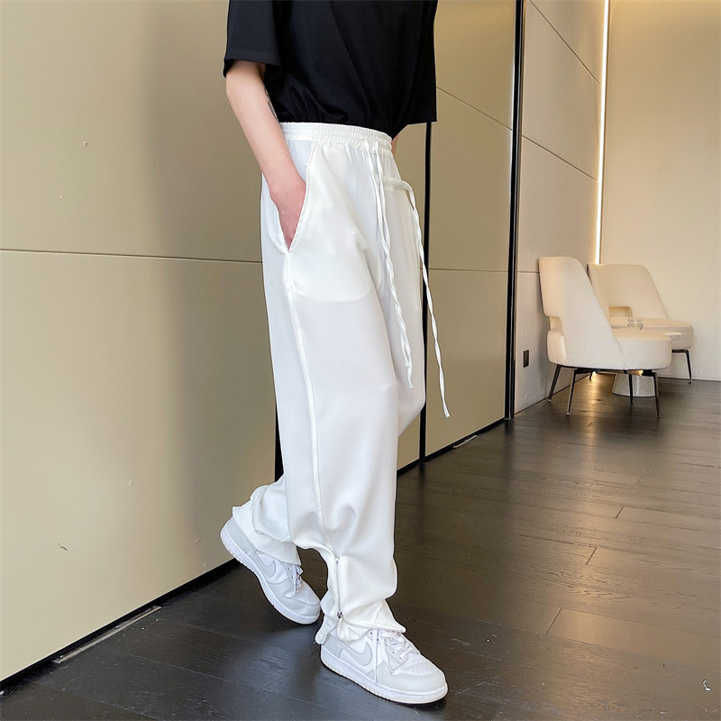 韩版侧边拉链设计感休闲裤男宽松坠垂感小众飘带松紧腰西裤直筒裤