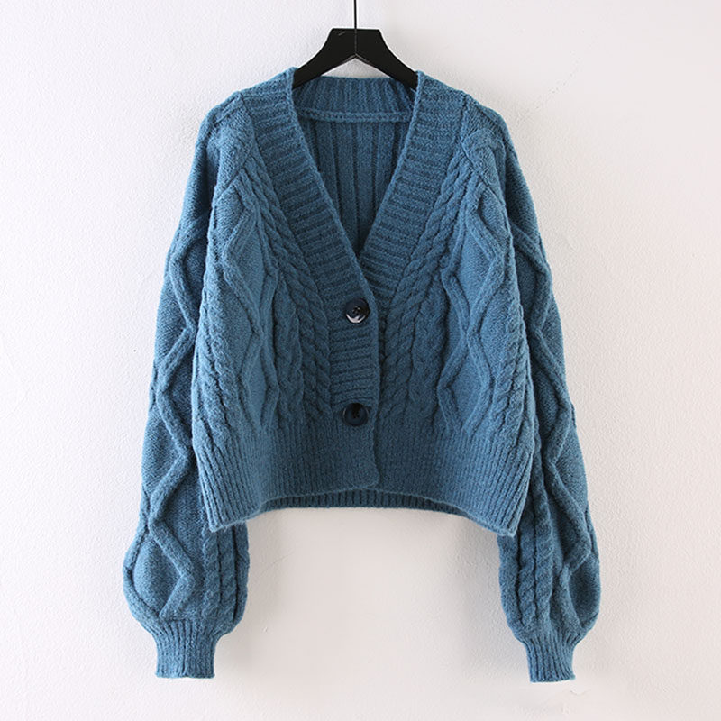 针织开衫女秋冬韩版新款宽松v领慵懒风学生麻花毛衣短款外套加厚 - 谷