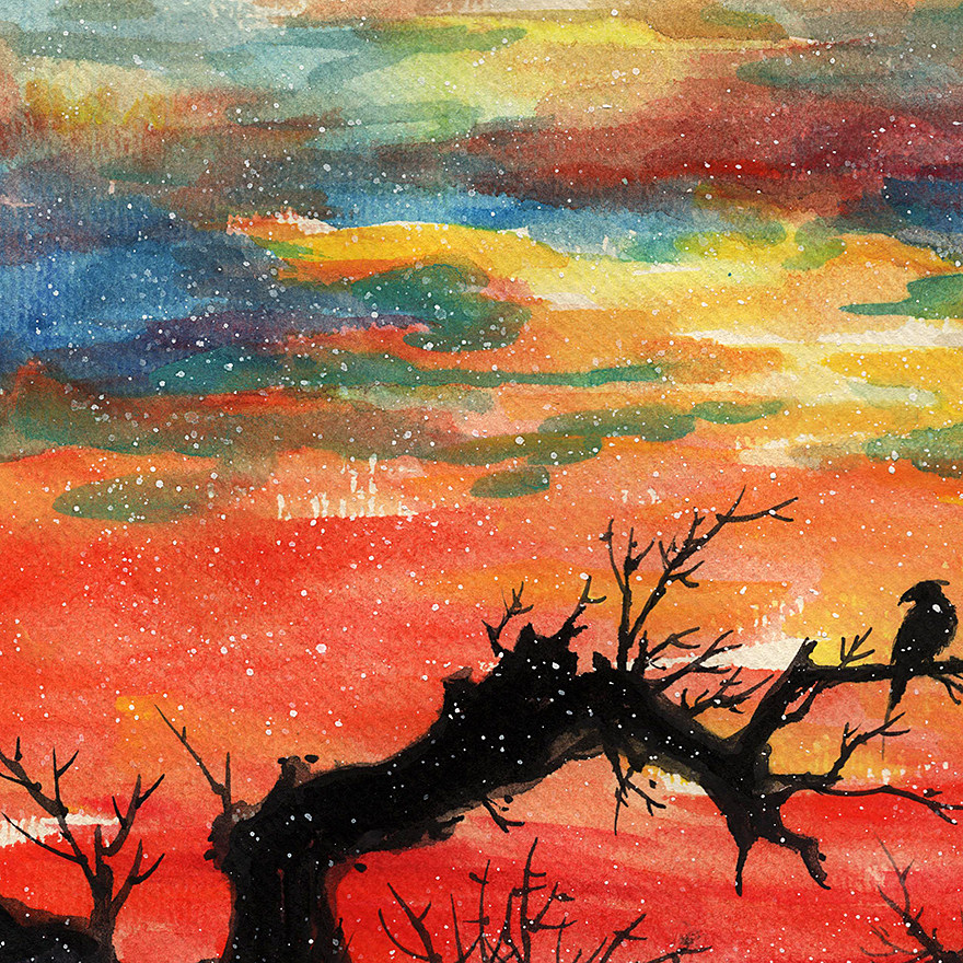方舒辰《红霞满天》水彩画